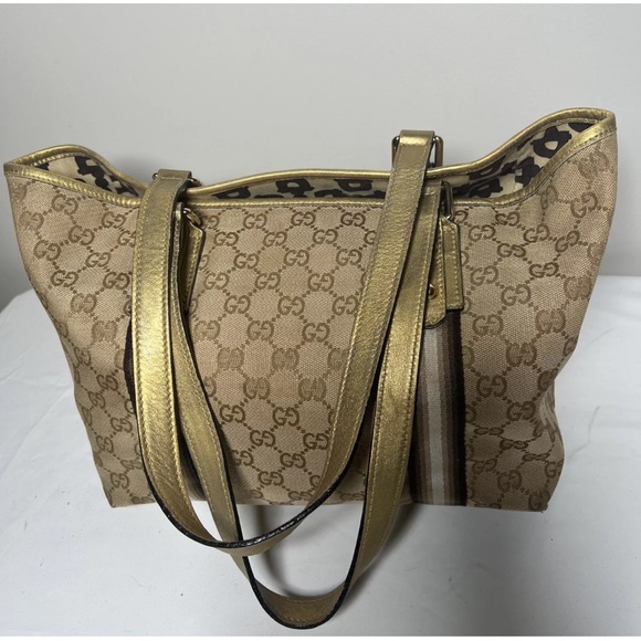GUCCI Sherry Line Auth GG Pattern Gold Beige Canvas Leather Shoulder Tote Bag - Picture 5 of 16